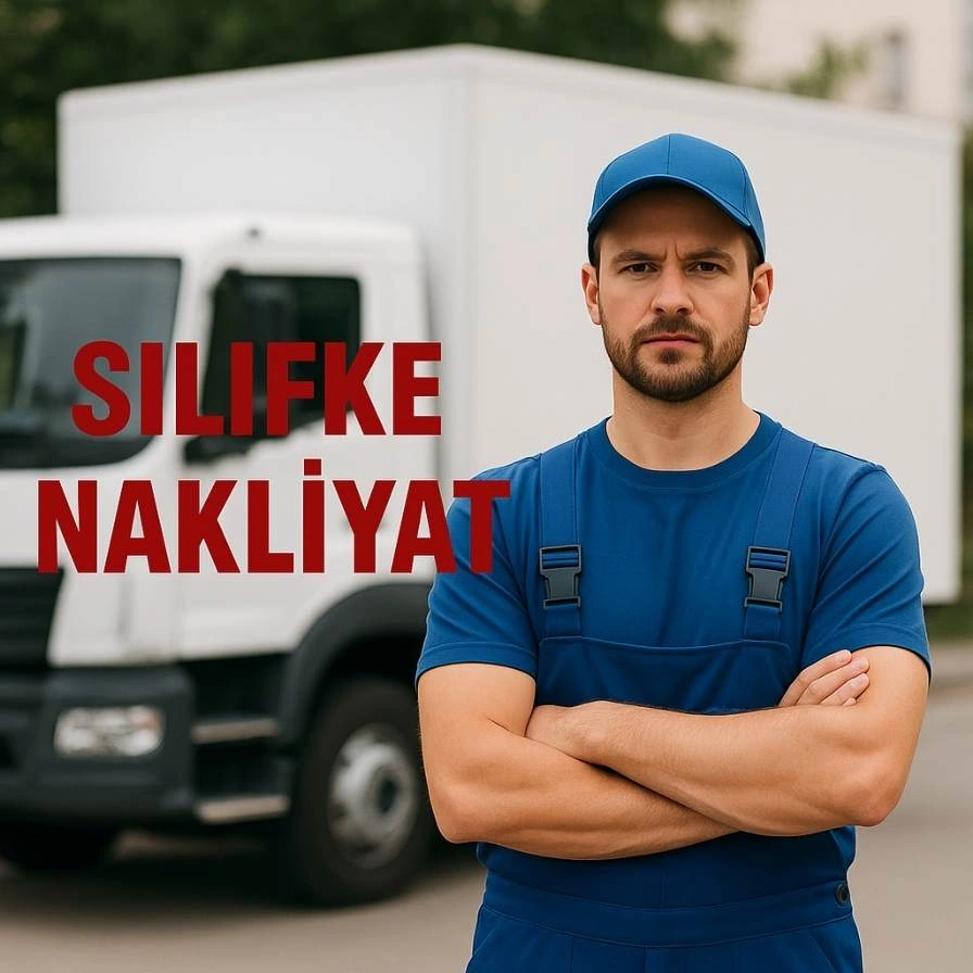 Silifke Karataş Nakliyat kamyonu önünde duran mavi üniformalı nakliyeci – Kolay Taşın, Nakliyecin Karataş Olsun!